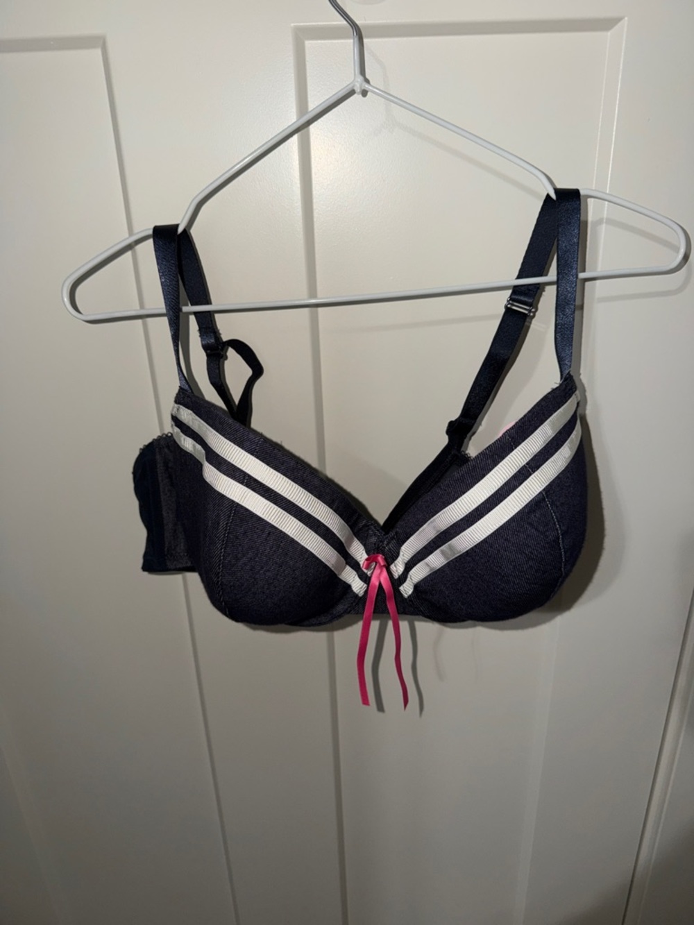 Cacique Navy Bra with White Stripes and Pink Bow